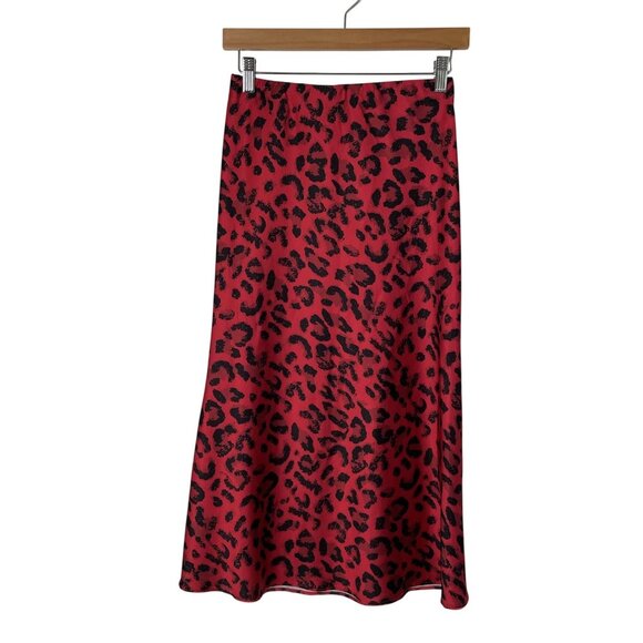 Kourt Skirt Womens Medium Red Black Leopard Animal Print Pull On Midi Slip Satin - Picture 1 of 9